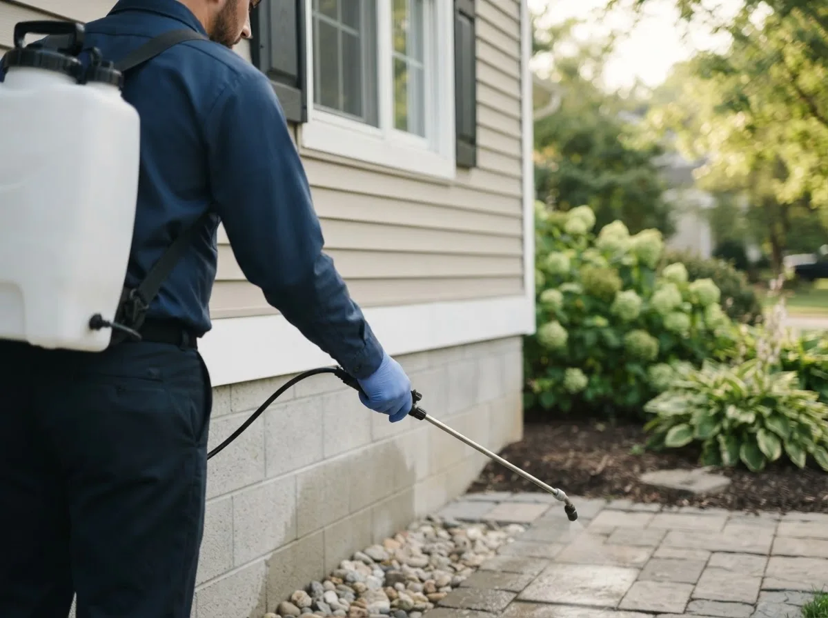 Pest control technician inspecting a home in Wilkesville, OH